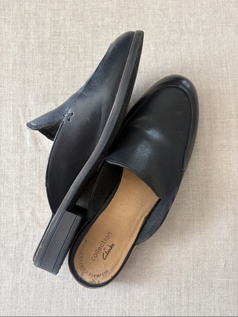 Clarks Black Leather Slip-On Mules